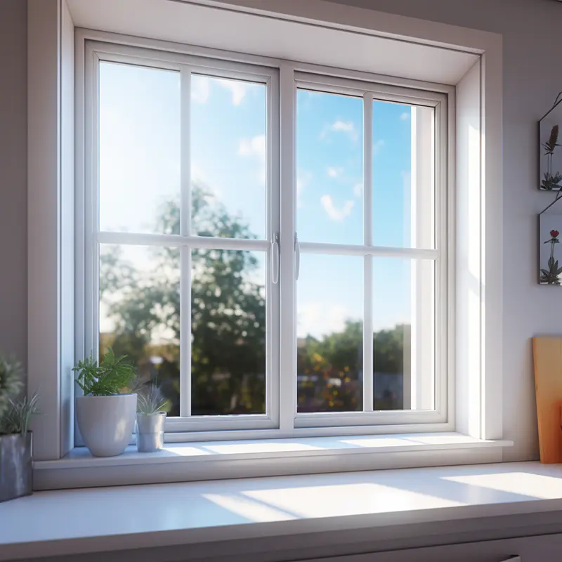 A UPVC window in a kitchen looking out into a garden. Fixation Surface Repair Specialists offer expert repair & restoration.