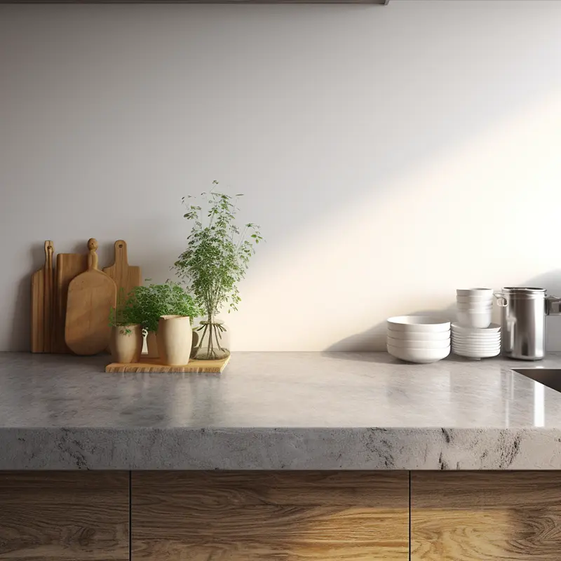 A kitchen worktop There are plants and chopping boards, bowls and plates sitting on top. Fixation Surface Repair Specialists offer expert repair & restoration.