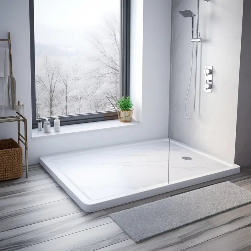 A modern, large shower unit by a large window. Fixation Surface Repair Specialists offer expert repair & restoration.