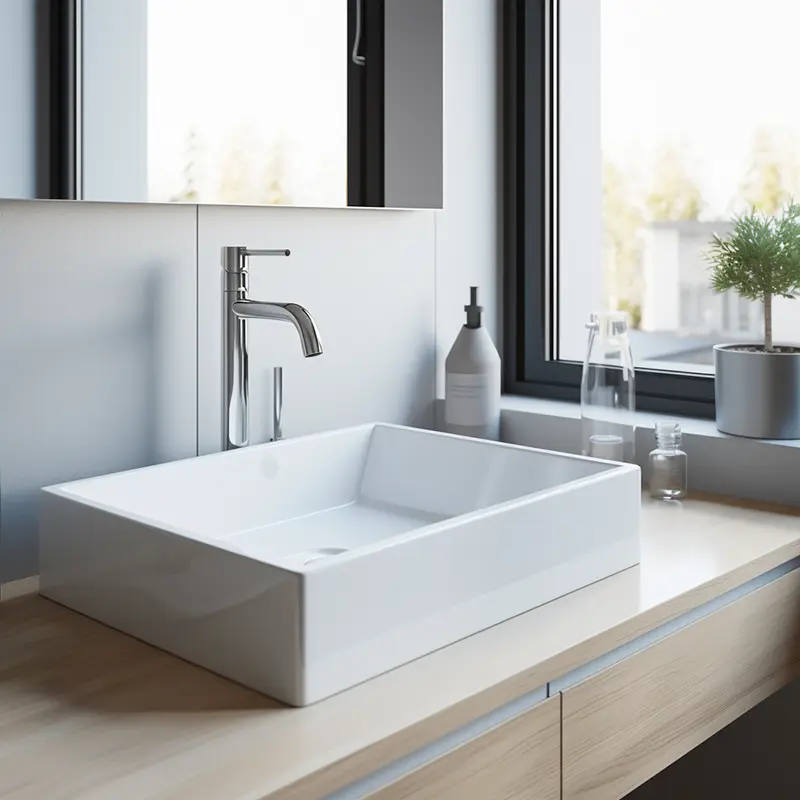 A white enamel bathroom sink by a window. Fixation Surface Repair Specialists offer expert repair & restoration.