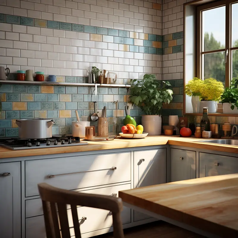 A view of a tiled kitchen with wooden worktops and large draws and cabinets. Fixation Surface Repair Specialists offer expert repair & restoration.